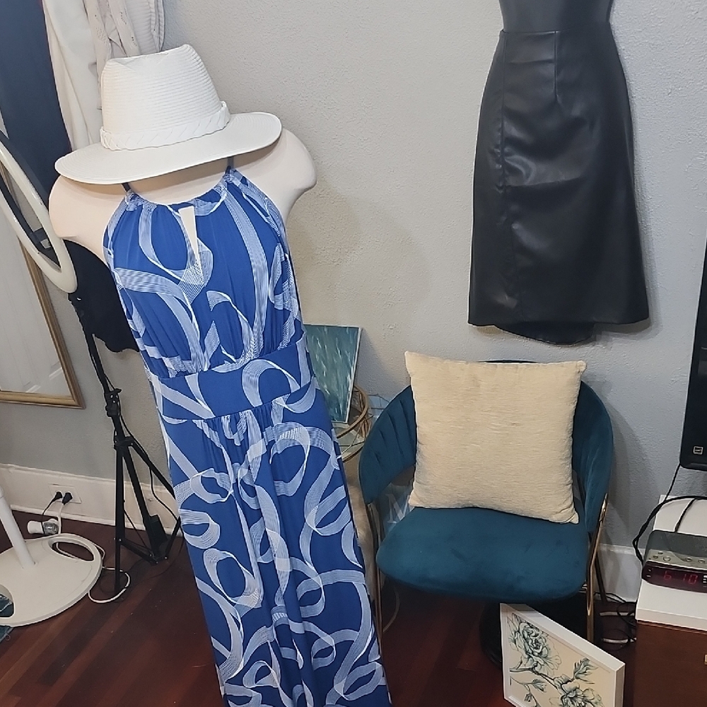 London Times Blue and White Halter Jumpsuit